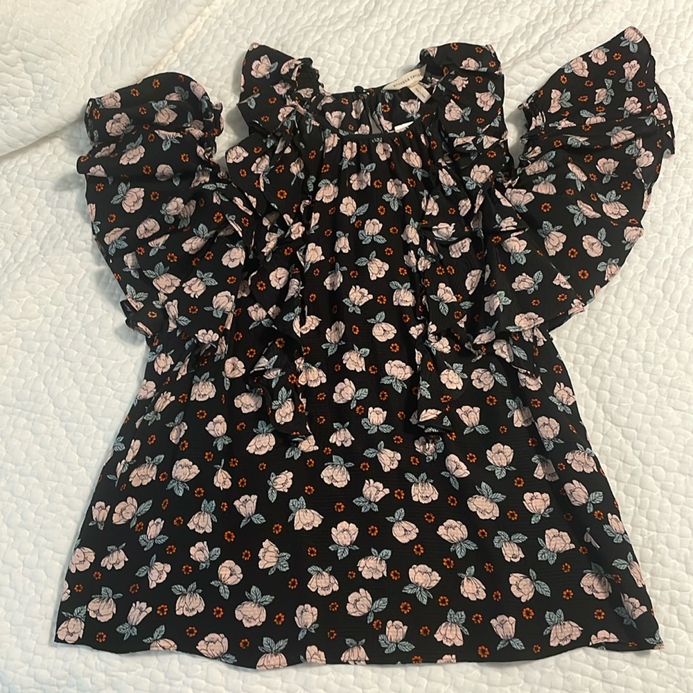 Rebecca Taylor Floral Silk Top with Off the Shoulder Ruffles